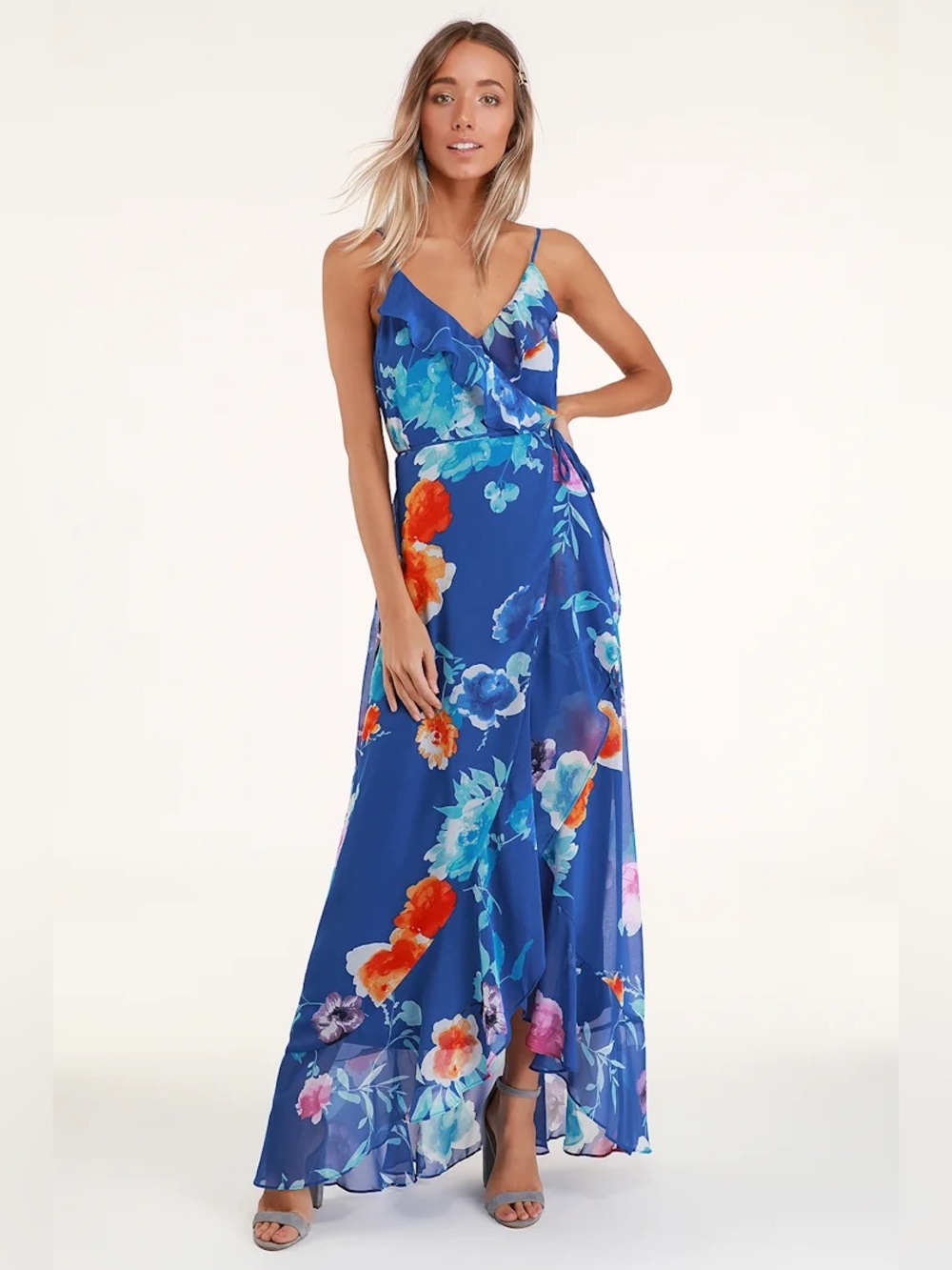Lulus Ladean Royal Blue Floral Print Ruffled Wrap Maxi Dress